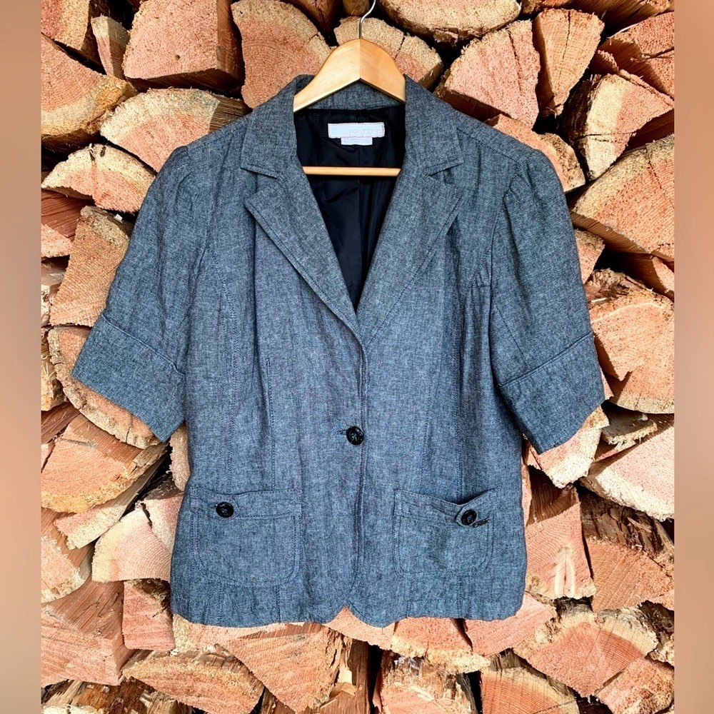 Vintage Grey Linen Blend Short Sleeve Blazer Jacket Women Medium Nicole Benisti